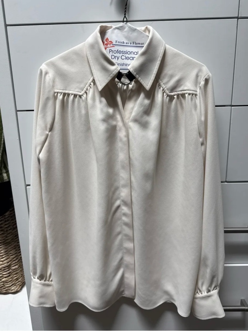 Altuzarra Ivory Cream Blouse Size 6 | Calf Leather O-Ring Collar | Made in Italy